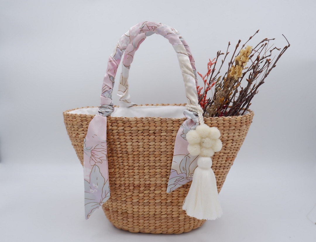 Handmade Water Hyacinth Straw Beach Bag With Twilly Scarf - Etsy