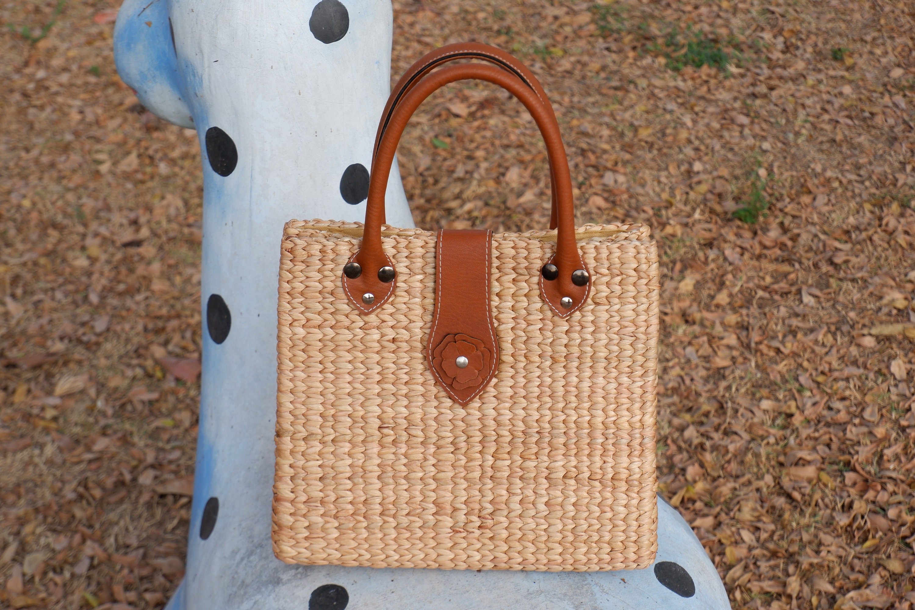 Woven Straw Tote Bag With Leather Handles: Water Hyacinth Summer Bag - Etsy
