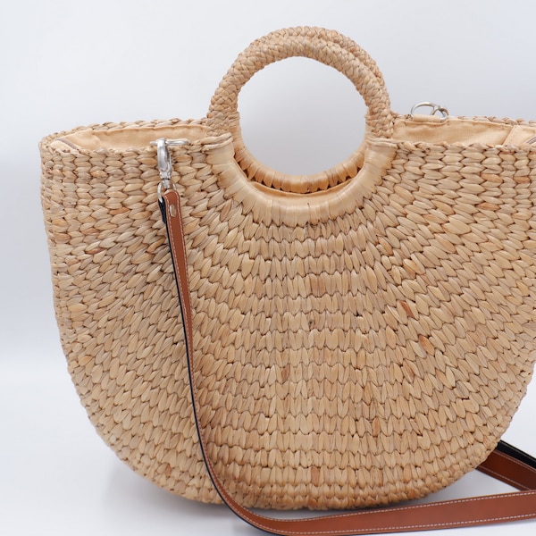 Grand sac fourre-tout en jonc de mer, sac à main en paille avec bandoulière amovible, sacs à main d'été, sac en paille, fourre-tout de plage, sac de plage Monogram, sac à main en paille