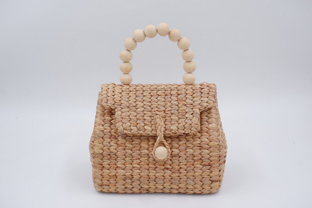 Handwoven Water Hyacinth Beach Bag With Beaded Handles - Etsy