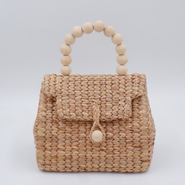 straw beach bag with beaded handles , woven basket bag , beaded straw bag