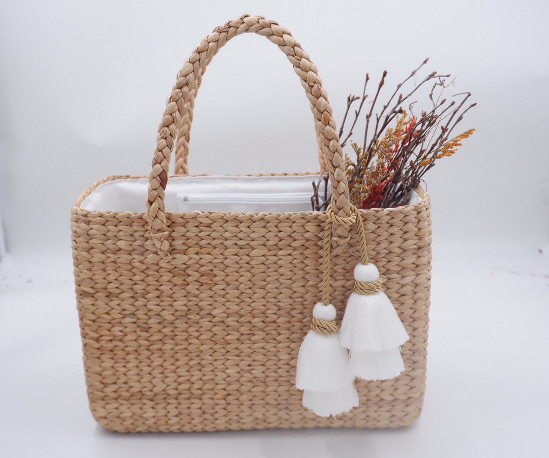 Vintage Water Hyacinth Basket With Tassel: Woven Farmhouse Decor - Etsy
