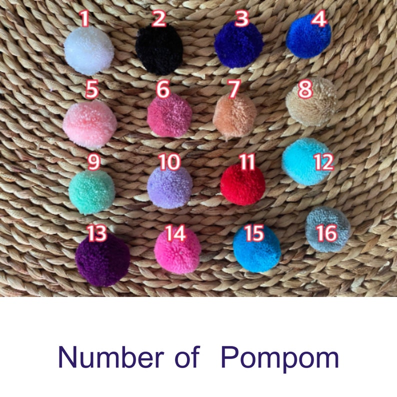 May include: A set of 16 colorful pom poms, numbered 1 through 16. The pom poms are arranged in four rows of four, with each row containing a different color. The pom poms are all the same size and are made of a soft, fluffy material.