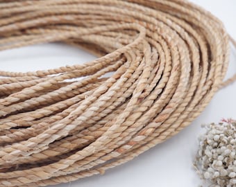 May include: A close-up of a natural, beige, braided rope made from natural fibers. The rope is coiled in a circle, showing the texture and detail of the braid.