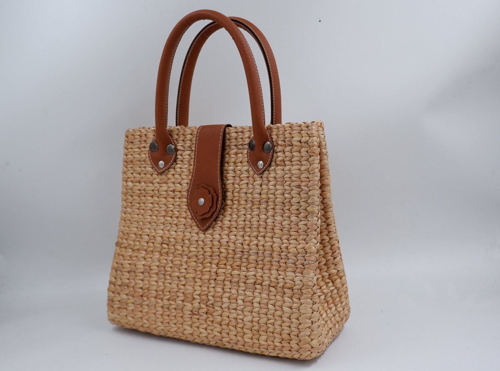 Woven Straw Tote Bag With Leather Handles: Water Hyacinth Summer Bag - Etsy