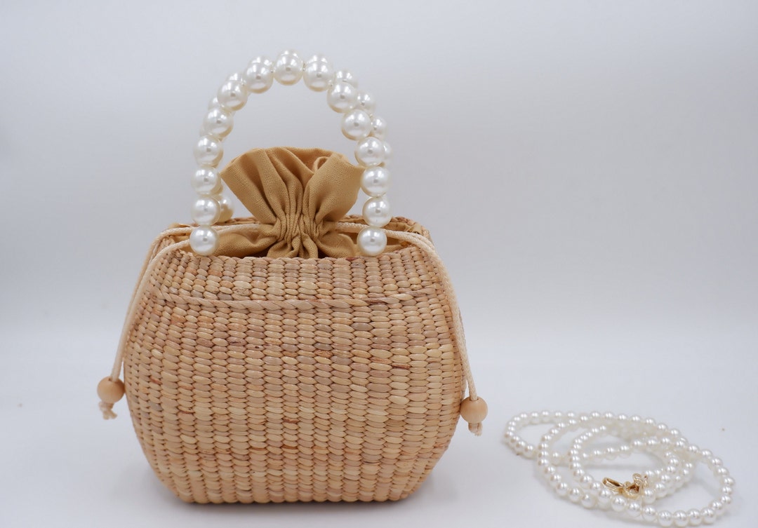 Woven Straw Pearl Bag: Handmade Water Hyacinth Basket - Etsy