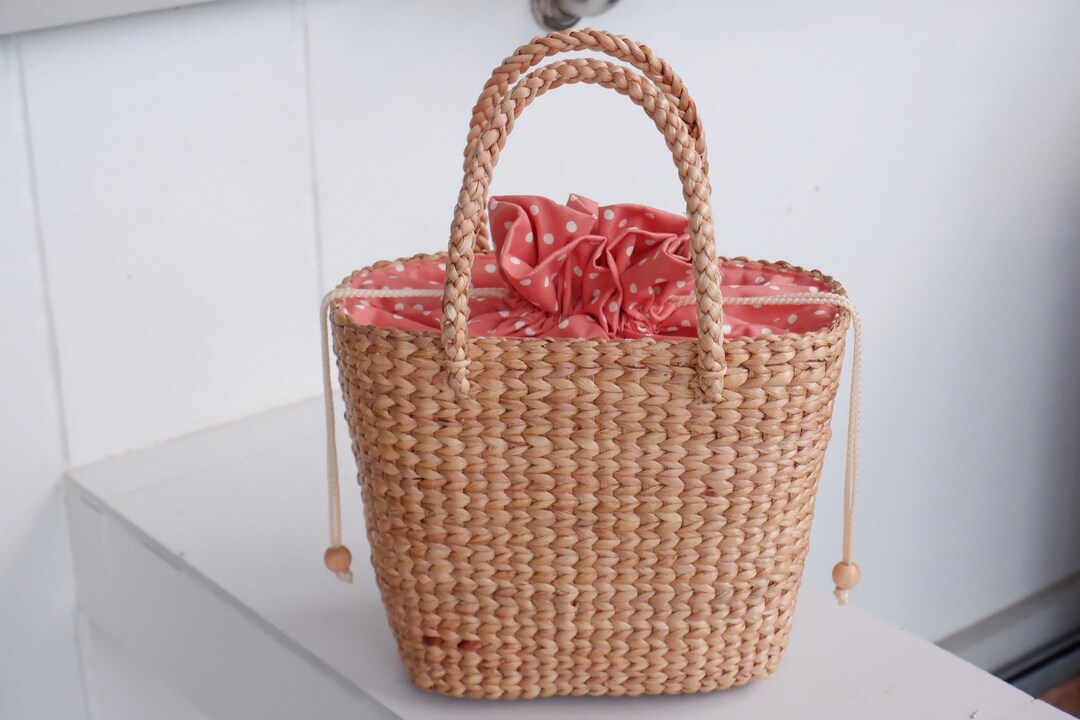 Handmade Water Hyacinth Straw Beach Bag: Orange Polka Dot Lining - Etsy