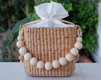 Handmade Water Hyacinth Straw Bag: Beaded Boho Tote