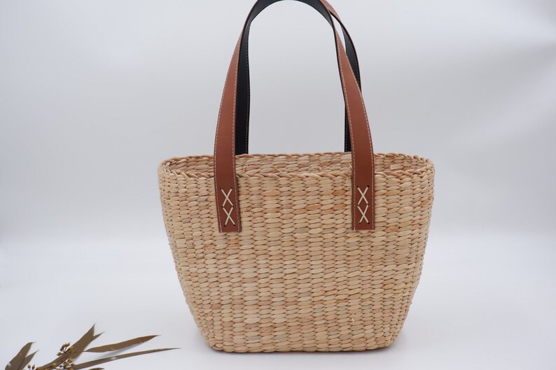 Handmade Water Hyacinth Straw Tote Bag With Leather Straps - Etsy