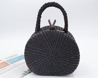 BLACKOUT Round Bag, Perfect Black Summer Round Bag,  Straw Bag Black Straw Bag With Zipper