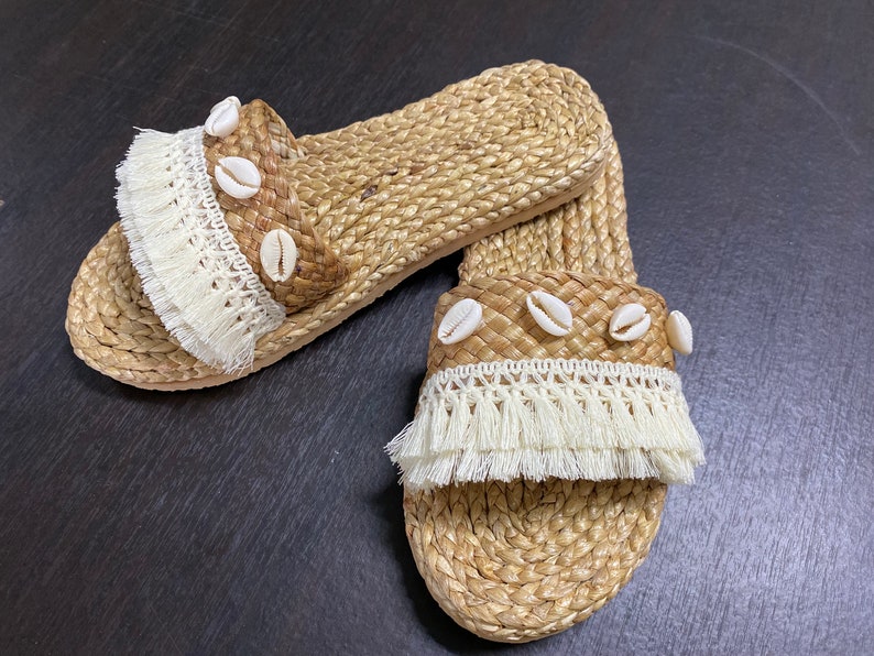 Shell And Slides Shell Beach Sandals: Bohemian Raffia Slides - Etsy