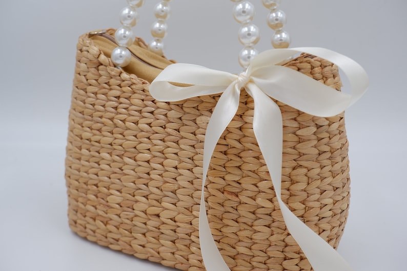 Bridal Pearl handbag, Bride Pearl, mrs bag, wicker pearl purse, wicker pearl handbag, Pearl bag, Water hyacinth basket, Seagrass basket image 3