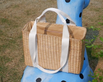 Woven Water Hyacinth Beach Tote, Rectangular Picnic Basket
