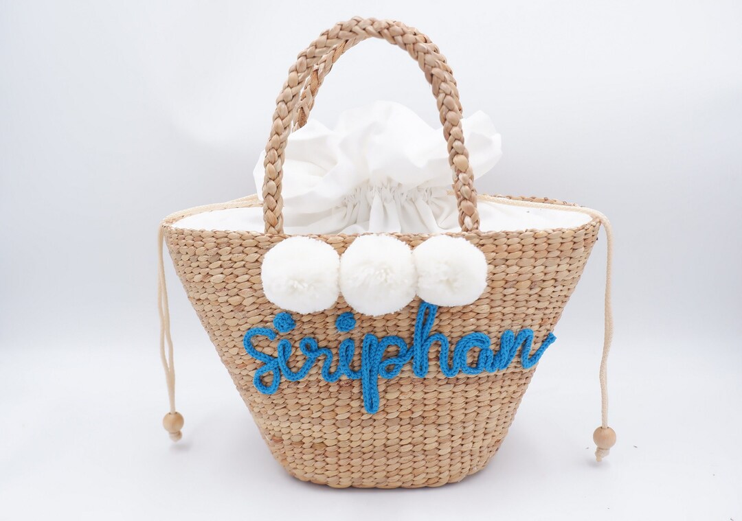 Handwoven Water Hyacinth Straw Tote: Personalized Pom Pom Beach Bag - Etsy