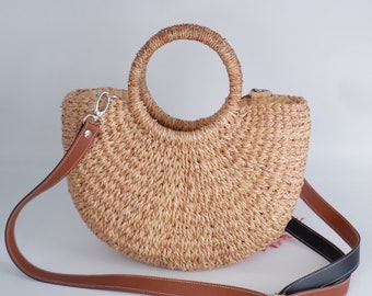 Strohkorb Strand Hochzeit Strohtasche mit Leder Handtasche Braut Party Geschenk