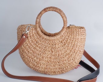 Straw basket beach wedding straw bag with leather handbag bridal party gift