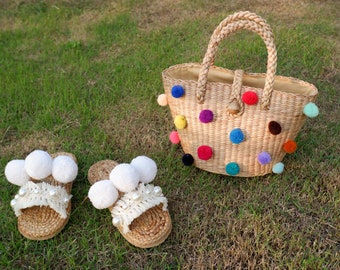 Hobo Bags with Sandal, Beach bag with pompom, Colorful straw bag, Summer Beach Bag, Natural Straw Tote Bag, pom-pom bags grocery bags