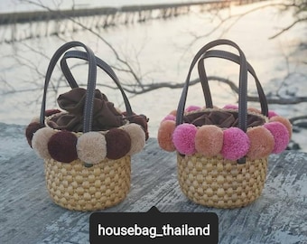 Handcrafted Water Hyacinth Bucket Bag with Pompoms