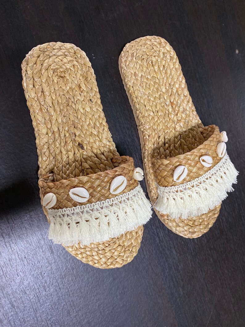 Shell And Slides Shell Beach Sandals: Bohemian Raffia Slides - Etsy