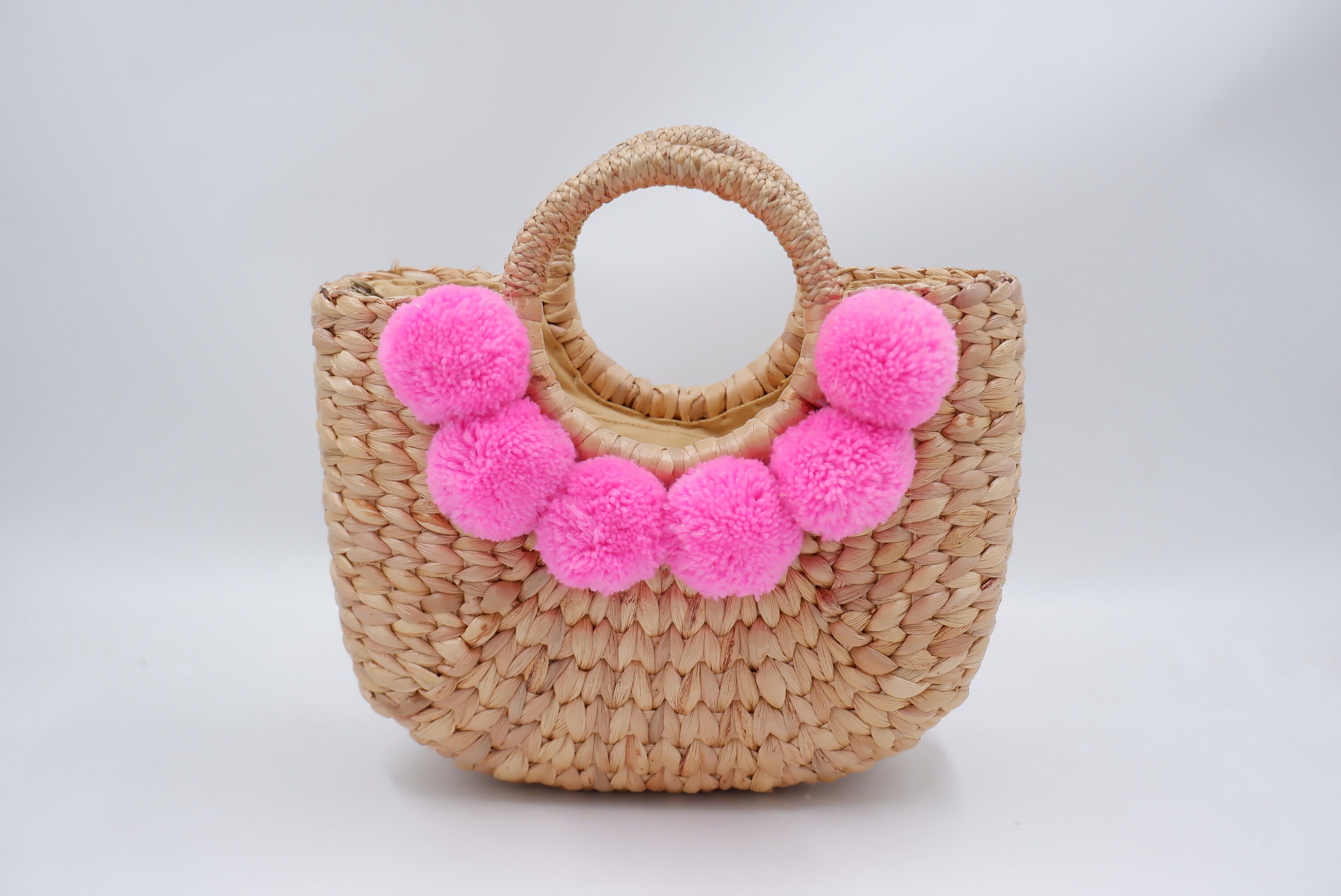 Handwoven Water Hyacinth Straw Beach Bag With Pom Poms - Etsy