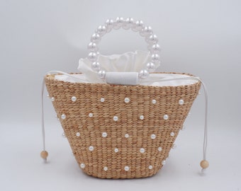 Pearl Straw Bags, Evening Bag, beaded straw bag, Bridal Bag, Wrist Bag, Woven bag with pearl decoration, Woven Pearl Handbag, Gifts for mom
