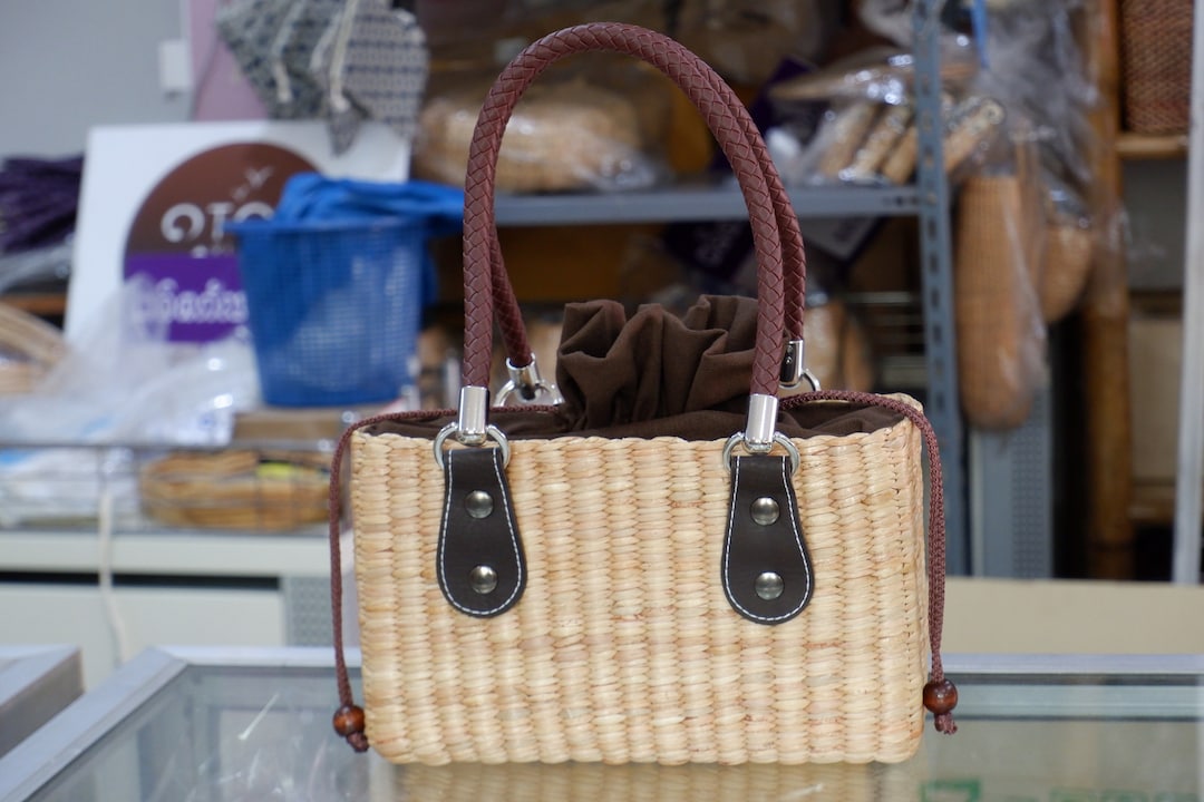 Woven Water Hyacinth Tote Bag With Leather Handles - Etsy
