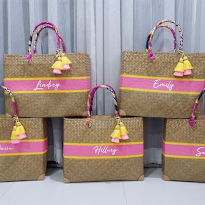 Pink-yellow) Large Beach Tote Custom Gift Bachelorette Party Gift Personalized  Beach Bag Bridesmaid  Bag with Name
