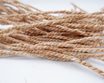 May include: A close-up of a bundle of natural fiber rope, with a light brown color and a braided texture.