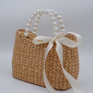 Bridal Pearl handbag, Bride Pearl, mrs bag, wicker pearl purse, wicker pearl handbag, Pearl bag, Water hyacinth basket, Seagrass basket image 6