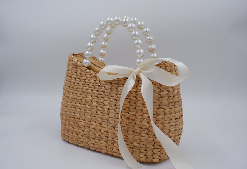 Bridal Pearl handbag, Bride Pearl, mrs bag, wicker pearl purse, wicker pearl handbag, Pearl bag, Water hyacinth basket, Seagrass basket image 6