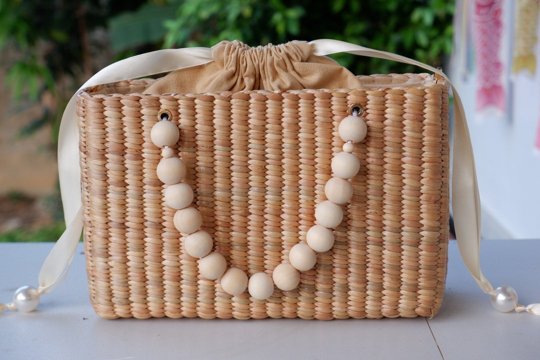 Handmade Water Hyacinth Straw Bag: Beaded Handle Beach Tote - Etsy