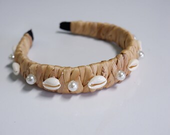 Gewebtes Stroh Stirnband: Boho Muschel & Perle Top Knot Stirnband