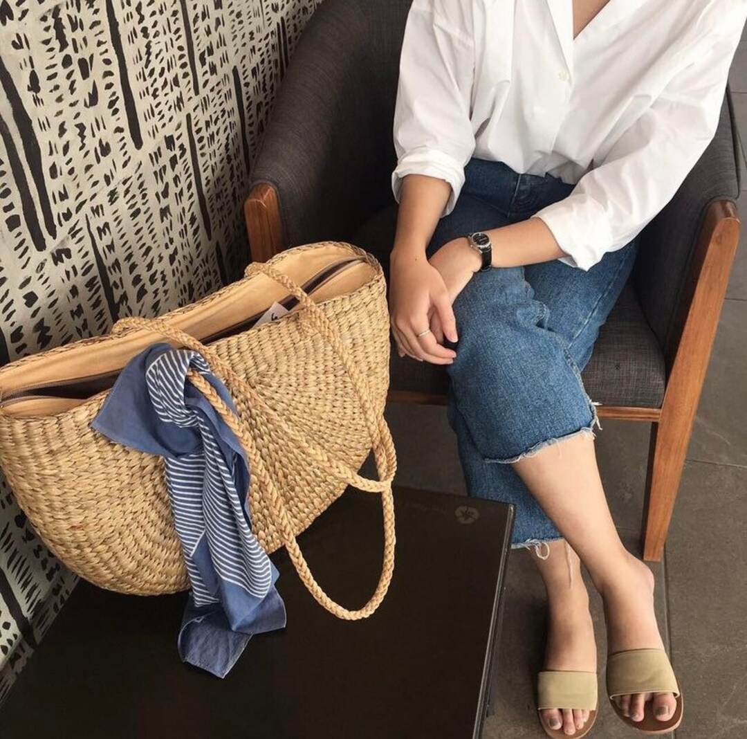 Handwoven Water Hyacinth Straw Tote Bag With Leather Handles - Etsy