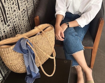 Handgewebte Wasserhyazinthe Strohtasche mit Ledergriffen