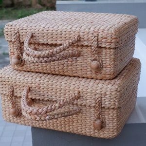 Grote picknickmand, vintage rieten mand, picknickmand waterhyacint, vintage rieten picknickmand, vierkante opbergmand
