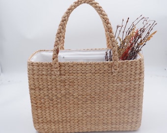 Handwoven Water Hyacinth Tote Bag: Picnic Basket, Summer Straw Bag