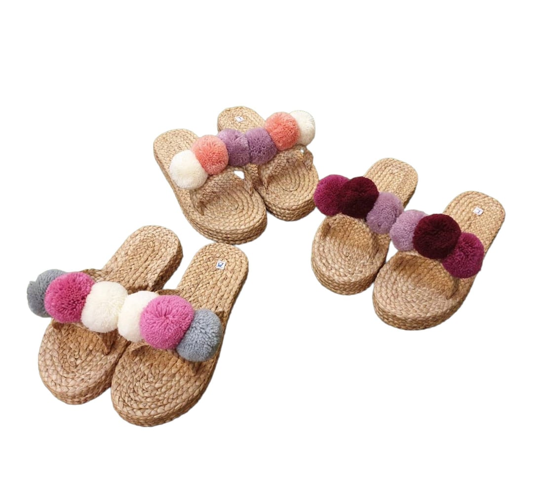 Sandalias de cuña, sandalias de cuña con pompones, sandalias de