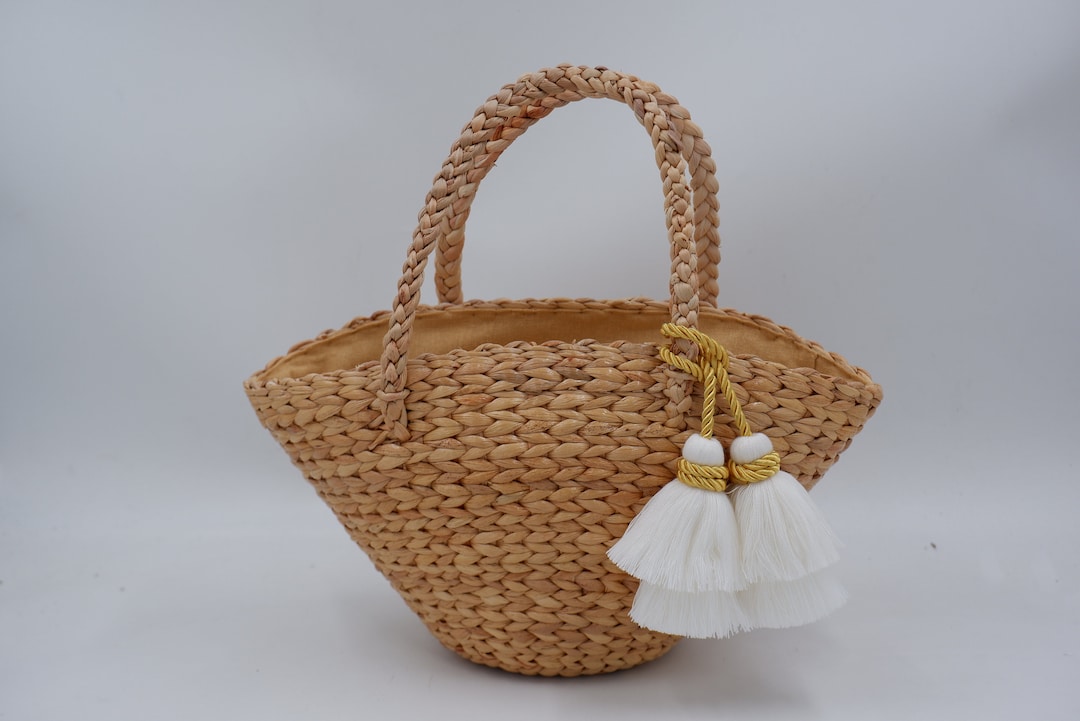 Handcrafted Water Hyacinth Straw Tote Bag With White Tassel - Etsy