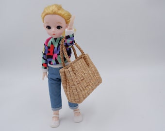 bag for doll, straw beach bag for doll, doll hand bag for 1/6scale, shoulder bag for doll