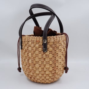 Straw Bag leather handle, Bucket bag, Woven tote bag, Beach tote, wicker bag, Woven Beach bag, Seagrass bag, Leather handles