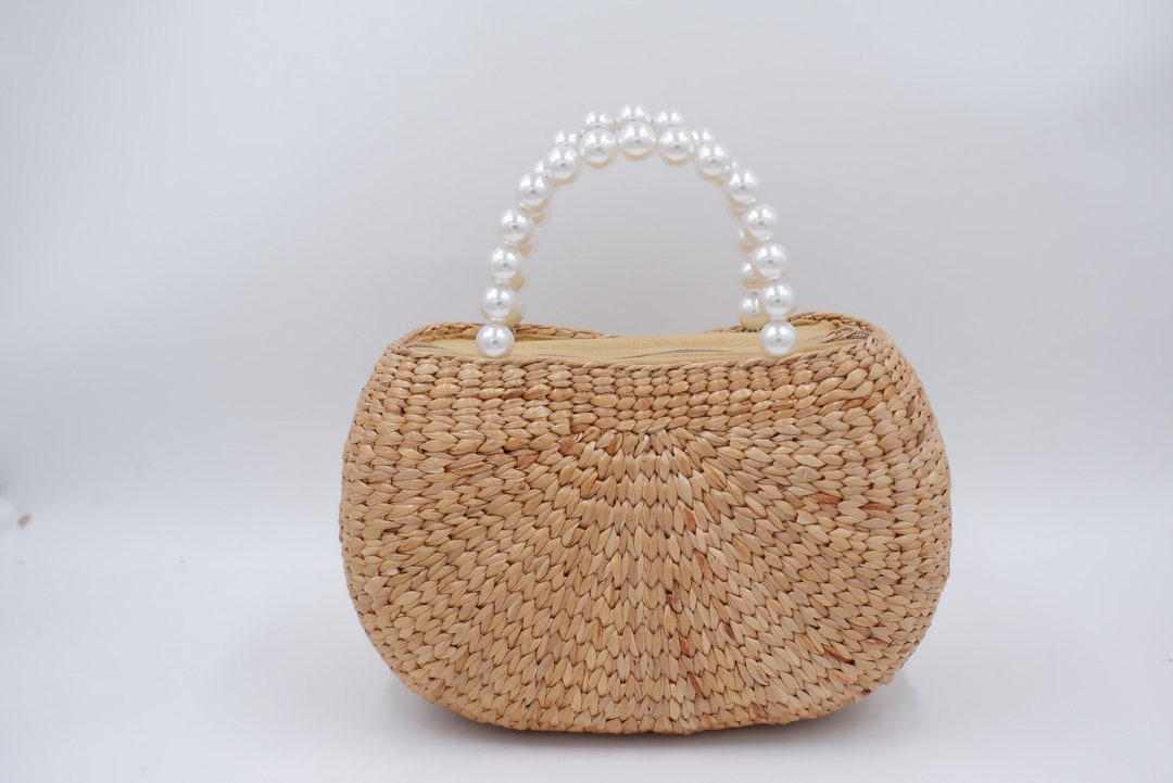 Handcrafted Water Hyacinth Straw Bag With Pearl Handle - Etsy
