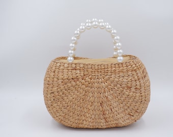 pearl straw bag, woven bag with pearl handle, straw bag, hyacinth basket, seagrass bag, straw tote handbag, summer bag