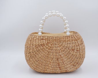 pearl straw bag, woven bag with pearl handle, straw bag, hyacinth basket, seagrass bag, straw tote handbag, summer bag