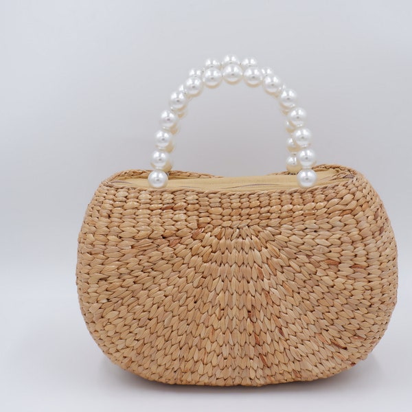 pearl straw bag, woven bag with pearl handle, straw bag, hyacinth basket, seagrass bag, straw tote handbag, summer bag