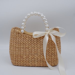 Bridal Pearl handbag, Bride Pearl, mrs bag, wicker pearl purse, wicker pearl handbag, Pearl bag, Water hyacinth basket, Seagrass basket image 2