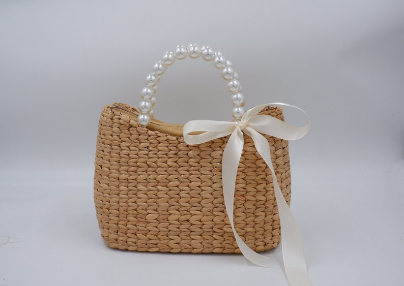 Bridal Pearl handbag, Bride Pearl, mrs bag, wicker pearl purse, wicker pearl handbag, Pearl bag, Water hyacinth basket, Seagrass basket image 2