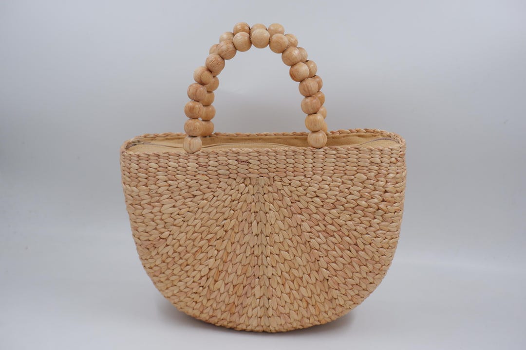 Handmade Water Hyacinth Straw Bag: Beaded Handle Basket Purse - Etsy