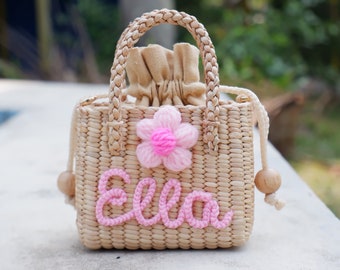 pink girl purse, flower girl gift for wedding, monogram kids bag, girls mini purse, personalized straw bag