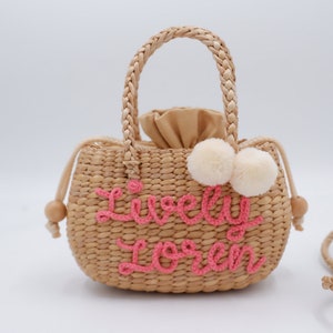 Kids bag, Bag for little girls, Kids personalized pom pom straw bag, Little girl purse, straw purses, wicker handbag for little girl