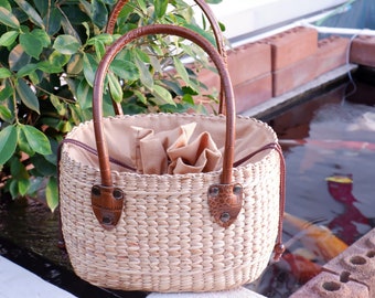 water hyacinth basket with PU leather handle